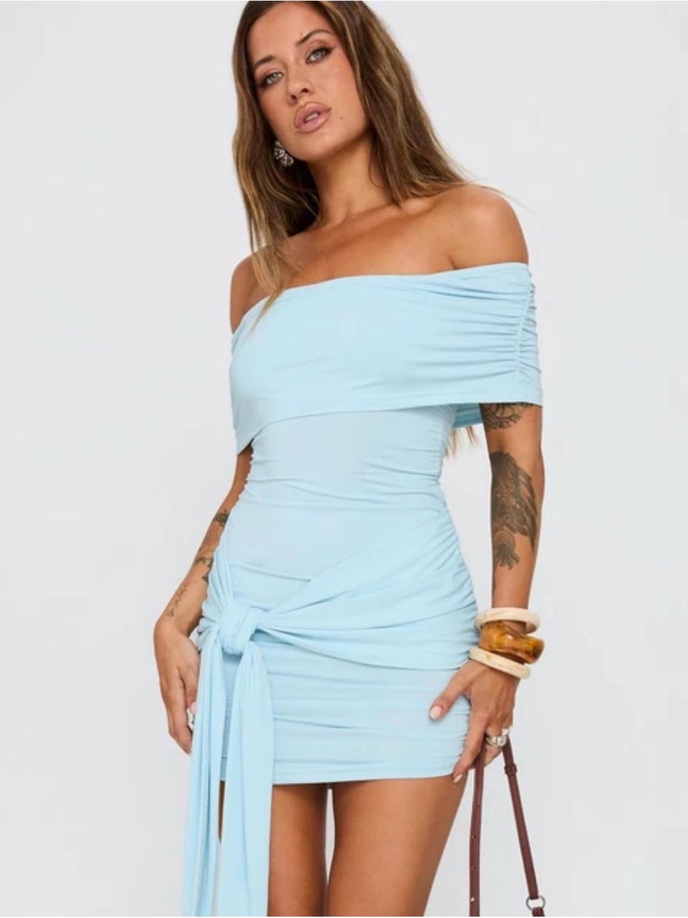 NWT Princess Polly Baby Blue Off-Shoulder Tie-Waist Mini Dress
